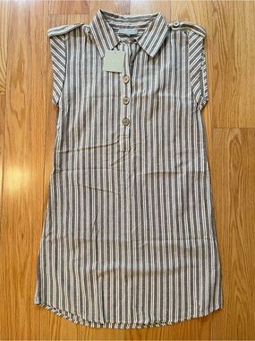 Striped Button-Front Shirt Dress in Brown & Cream
